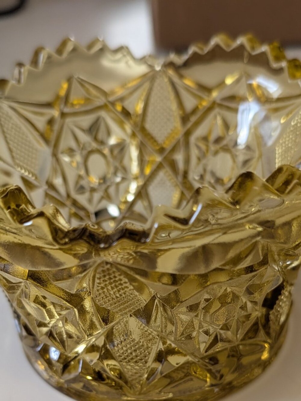 Mosser Glass Finger Dish in Marigold (Carnival Glass Star Pattern)
